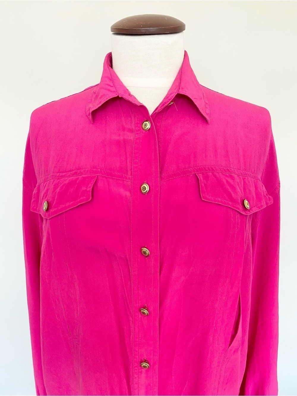 Vintage Van MacDowell Pink 100% Silk Button Down Blouse Shirt Sz L Faux Pockets